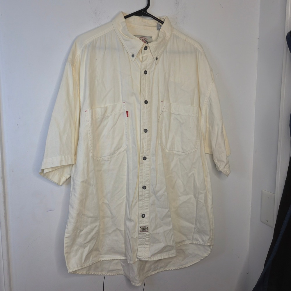 Vintage Bugle Boy Gold Crest Mens XXL Cream Cotton Denim Short Sleeve Shirt‎